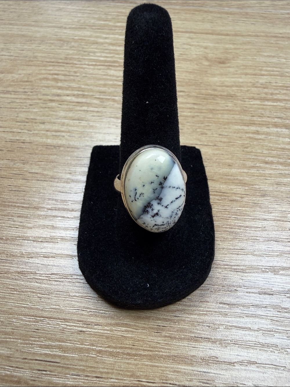 Sterling Silver White and Black Dendritic Opal Statement Ring size 7